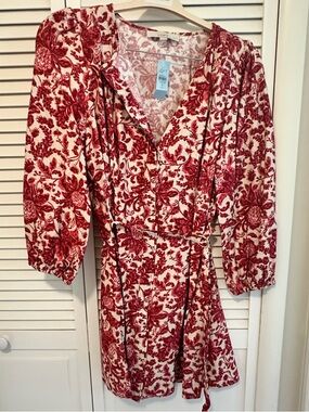 LOFT Cream and Red Floral V-Neck Mini Dress